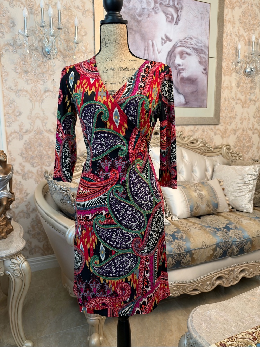 Emma & Michele Vibrant Pink, Red, Green and Navy Paisley Wrap Dress
